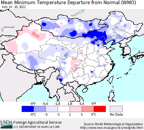 China, Mongolia and Taiwan Mean Minimum Temperature Departure from Normal (WMO) Thematic Map For 2/14/2022 - 2/20/2022