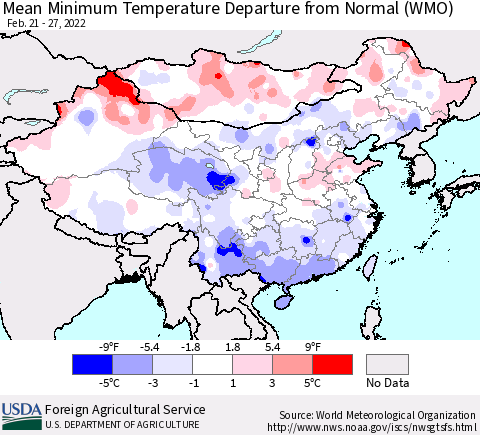 China, Mongolia and Taiwan Mean Minimum Temperature Departure from Normal (WMO) Thematic Map For 2/21/2022 - 2/27/2022