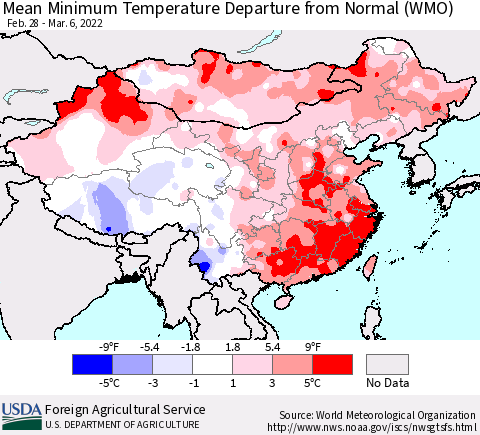China, Mongolia and Taiwan Mean Minimum Temperature Departure from Normal (WMO) Thematic Map For 2/28/2022 - 3/6/2022