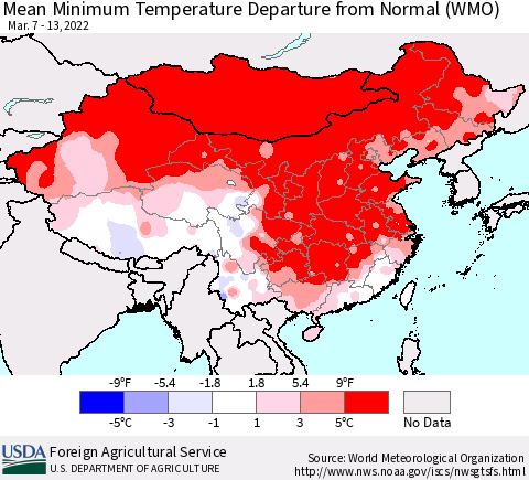 China, Mongolia and Taiwan Mean Minimum Temperature Departure from Normal (WMO) Thematic Map For 3/7/2022 - 3/13/2022