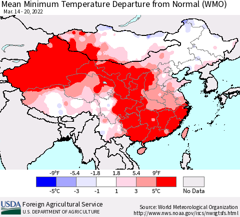 China, Mongolia and Taiwan Mean Minimum Temperature Departure from Normal (WMO) Thematic Map For 3/14/2022 - 3/20/2022