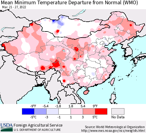 China, Mongolia and Taiwan Mean Minimum Temperature Departure from Normal (WMO) Thematic Map For 3/21/2022 - 3/27/2022