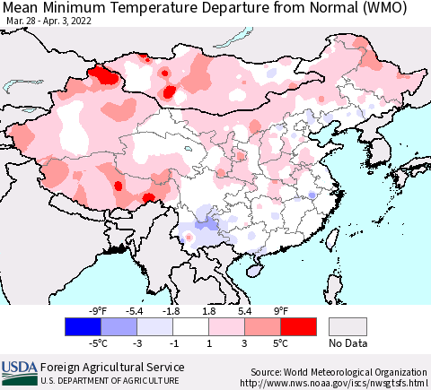 China, Mongolia and Taiwan Mean Minimum Temperature Departure from Normal (WMO) Thematic Map For 3/28/2022 - 4/3/2022