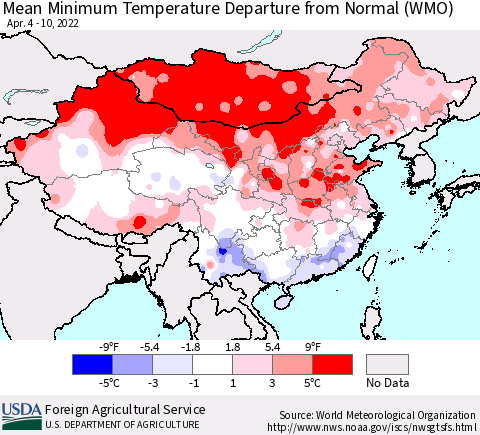 China, Mongolia and Taiwan Mean Minimum Temperature Departure from Normal (WMO) Thematic Map For 4/4/2022 - 4/10/2022
