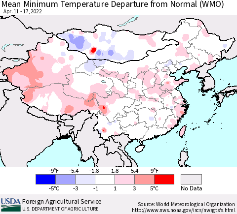 China, Mongolia and Taiwan Mean Minimum Temperature Departure from Normal (WMO) Thematic Map For 4/11/2022 - 4/17/2022