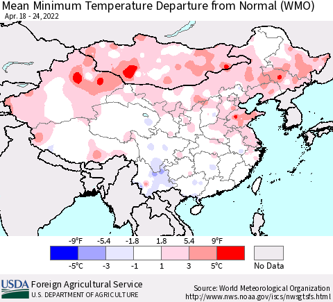 China, Mongolia and Taiwan Mean Minimum Temperature Departure from Normal (WMO) Thematic Map For 4/18/2022 - 4/24/2022