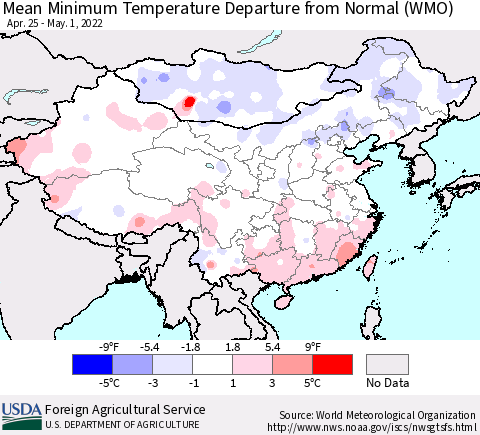 China, Mongolia and Taiwan Mean Minimum Temperature Departure from Normal (WMO) Thematic Map For 4/25/2022 - 5/1/2022