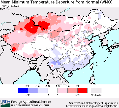 China, Mongolia and Taiwan Mean Minimum Temperature Departure from Normal (WMO) Thematic Map For 5/2/2022 - 5/8/2022