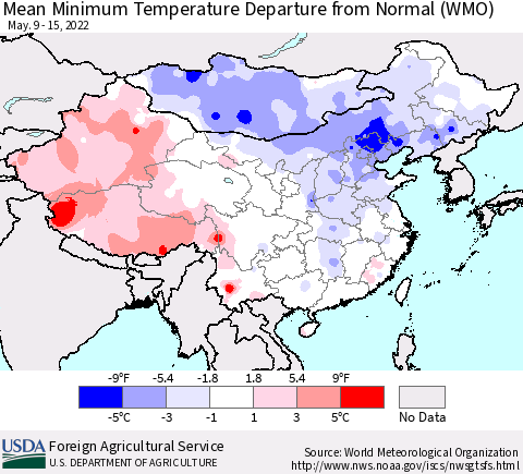 China, Mongolia and Taiwan Mean Minimum Temperature Departure from Normal (WMO) Thematic Map For 5/9/2022 - 5/15/2022