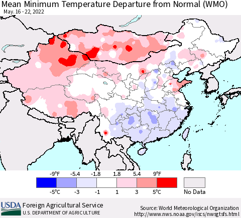 China, Mongolia and Taiwan Mean Minimum Temperature Departure from Normal (WMO) Thematic Map For 5/16/2022 - 5/22/2022