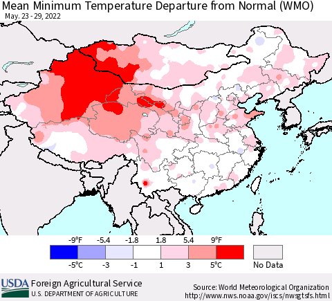 China, Mongolia and Taiwan Mean Minimum Temperature Departure from Normal (WMO) Thematic Map For 5/23/2022 - 5/29/2022