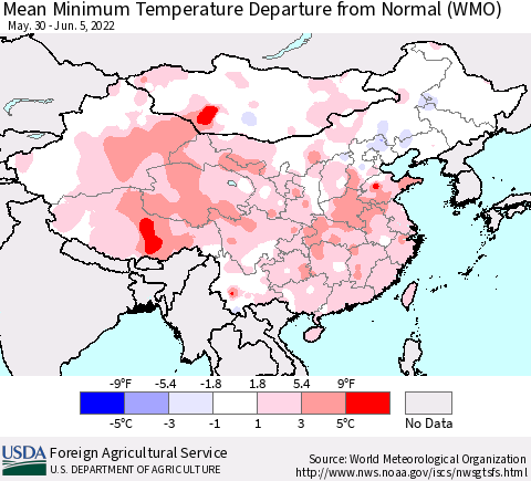 China, Mongolia and Taiwan Mean Minimum Temperature Departure from Normal (WMO) Thematic Map For 5/30/2022 - 6/5/2022