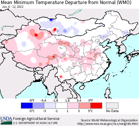 China, Mongolia and Taiwan Mean Minimum Temperature Departure from Normal (WMO) Thematic Map For 6/6/2022 - 6/12/2022