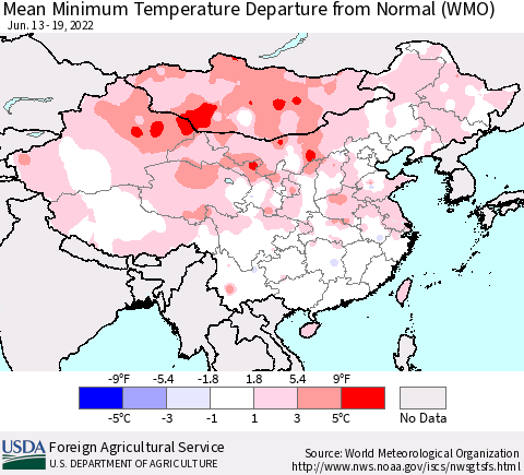 China, Mongolia and Taiwan Mean Minimum Temperature Departure from Normal (WMO) Thematic Map For 6/13/2022 - 6/19/2022