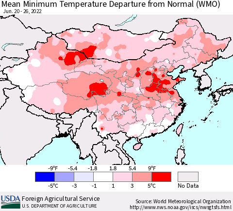 China, Mongolia and Taiwan Mean Minimum Temperature Departure from Normal (WMO) Thematic Map For 6/20/2022 - 6/26/2022