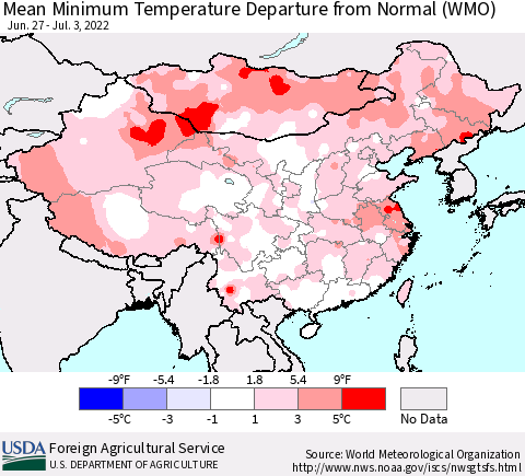 China, Mongolia and Taiwan Mean Minimum Temperature Departure from Normal (WMO) Thematic Map For 6/27/2022 - 7/3/2022