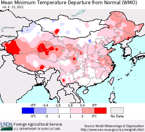 China, Mongolia and Taiwan Mean Minimum Temperature Departure from Normal (WMO) Thematic Map For 7/4/2022 - 7/10/2022