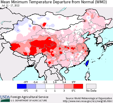 China, Mongolia and Taiwan Mean Minimum Temperature Departure from Normal (WMO) Thematic Map For 7/11/2022 - 7/17/2022
