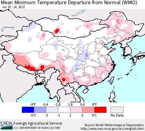 China, Mongolia and Taiwan Mean Minimum Temperature Departure from Normal (WMO) Thematic Map For 7/18/2022 - 7/24/2022