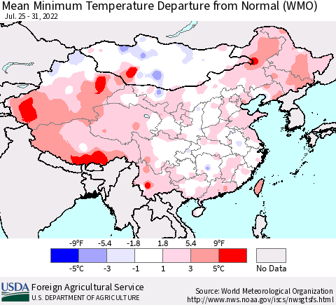 China, Mongolia and Taiwan Mean Minimum Temperature Departure from Normal (WMO) Thematic Map For 7/25/2022 - 7/31/2022