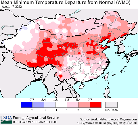 China, Mongolia and Taiwan Mean Minimum Temperature Departure from Normal (WMO) Thematic Map For 8/1/2022 - 8/7/2022