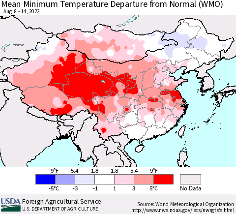 China, Mongolia and Taiwan Mean Minimum Temperature Departure from Normal (WMO) Thematic Map For 8/8/2022 - 8/14/2022