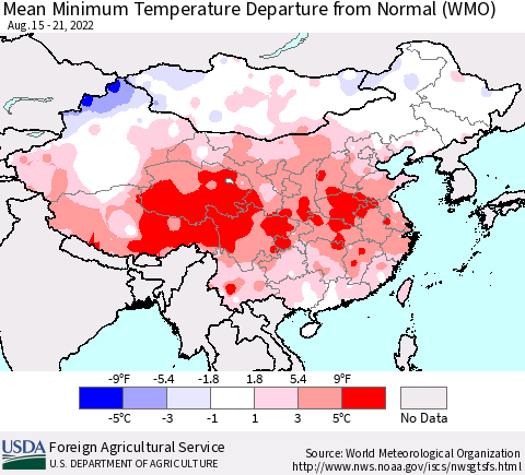 China, Mongolia and Taiwan Mean Minimum Temperature Departure from Normal (WMO) Thematic Map For 8/15/2022 - 8/21/2022