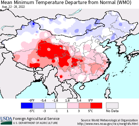 China, Mongolia and Taiwan Mean Minimum Temperature Departure from Normal (WMO) Thematic Map For 8/22/2022 - 8/28/2022