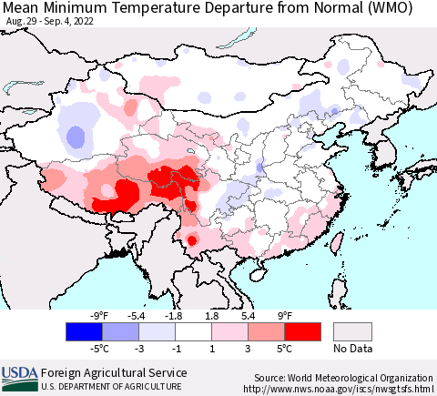 China, Mongolia and Taiwan Mean Minimum Temperature Departure from Normal (WMO) Thematic Map For 8/29/2022 - 9/4/2022
