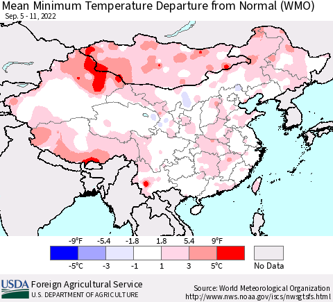China, Mongolia and Taiwan Mean Minimum Temperature Departure from Normal (WMO) Thematic Map For 9/5/2022 - 9/11/2022