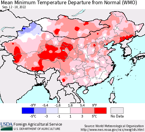 China, Mongolia and Taiwan Mean Minimum Temperature Departure from Normal (WMO) Thematic Map For 9/12/2022 - 9/18/2022