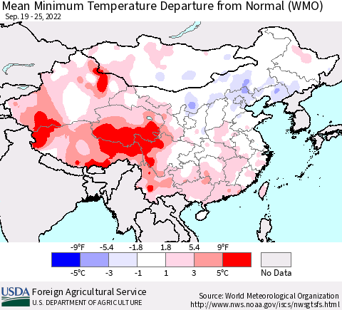 China, Mongolia and Taiwan Mean Minimum Temperature Departure from Normal (WMO) Thematic Map For 9/19/2022 - 9/25/2022