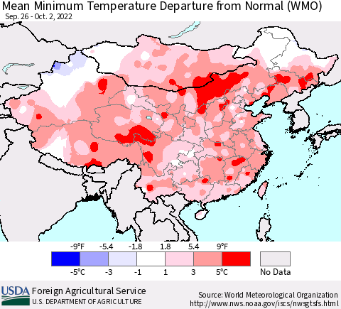 China, Mongolia and Taiwan Mean Minimum Temperature Departure from Normal (WMO) Thematic Map For 9/26/2022 - 10/2/2022