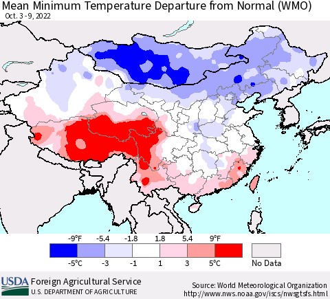 China, Mongolia and Taiwan Mean Minimum Temperature Departure from Normal (WMO) Thematic Map For 10/3/2022 - 10/9/2022