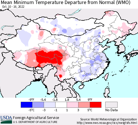 China, Mongolia and Taiwan Mean Minimum Temperature Departure from Normal (WMO) Thematic Map For 10/10/2022 - 10/16/2022