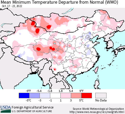 China, Mongolia and Taiwan Mean Minimum Temperature Departure from Normal (WMO) Thematic Map For 10/17/2022 - 10/23/2022