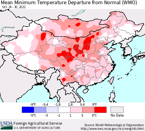 China, Mongolia and Taiwan Mean Minimum Temperature Departure from Normal (WMO) Thematic Map For 10/24/2022 - 10/30/2022