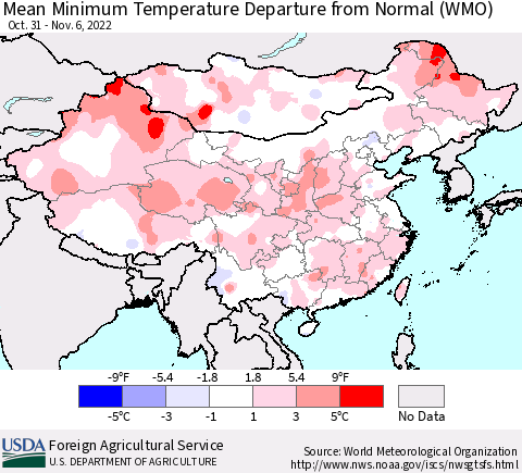 China, Mongolia and Taiwan Mean Minimum Temperature Departure from Normal (WMO) Thematic Map For 10/31/2022 - 11/6/2022