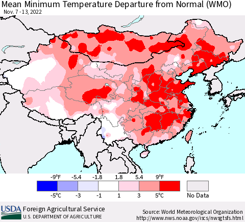 China, Mongolia and Taiwan Mean Minimum Temperature Departure from Normal (WMO) Thematic Map For 11/7/2022 - 11/13/2022