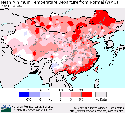 China, Mongolia and Taiwan Mean Minimum Temperature Departure from Normal (WMO) Thematic Map For 11/14/2022 - 11/20/2022