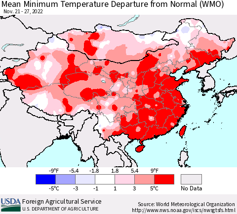 China, Mongolia and Taiwan Mean Minimum Temperature Departure from Normal (WMO) Thematic Map For 11/21/2022 - 11/27/2022