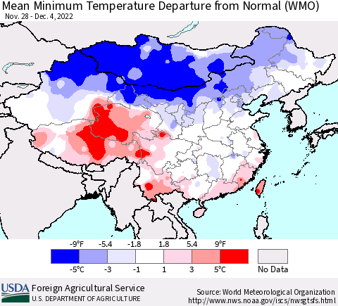 China, Mongolia and Taiwan Mean Minimum Temperature Departure from Normal (WMO) Thematic Map For 11/28/2022 - 12/4/2022