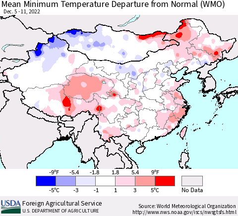 China, Mongolia and Taiwan Mean Minimum Temperature Departure from Normal (WMO) Thematic Map For 12/5/2022 - 12/11/2022