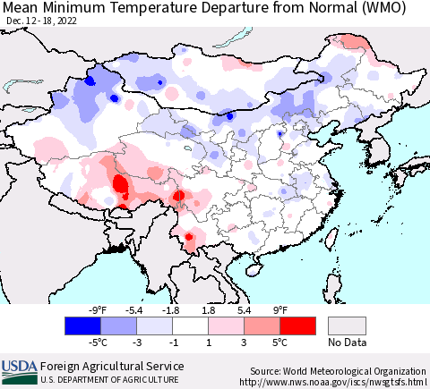 China, Mongolia and Taiwan Mean Minimum Temperature Departure from Normal (WMO) Thematic Map For 12/12/2022 - 12/18/2022