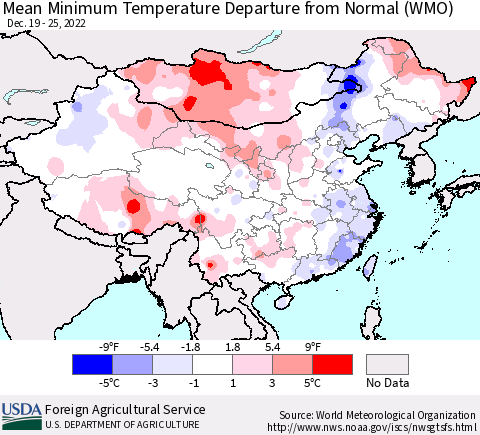 China, Mongolia and Taiwan Mean Minimum Temperature Departure from Normal (WMO) Thematic Map For 12/19/2022 - 12/25/2022