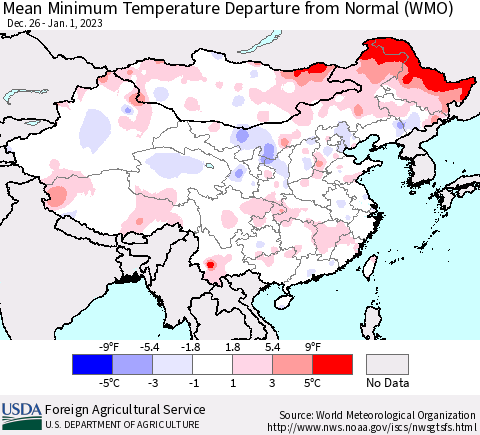 China, Mongolia and Taiwan Mean Minimum Temperature Departure from Normal (WMO) Thematic Map For 12/26/2022 - 1/1/2023