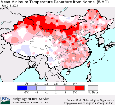 China, Mongolia and Taiwan Mean Minimum Temperature Departure from Normal (WMO) Thematic Map For 1/2/2023 - 1/8/2023