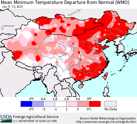 China, Mongolia and Taiwan Mean Minimum Temperature Departure from Normal (WMO) Thematic Map For 1/9/2023 - 1/15/2023