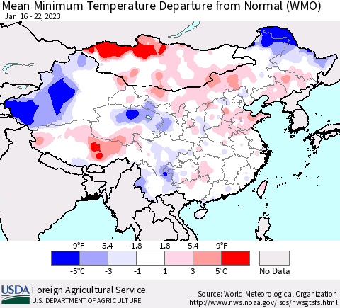China, Mongolia and Taiwan Mean Minimum Temperature Departure from Normal (WMO) Thematic Map For 1/16/2023 - 1/22/2023