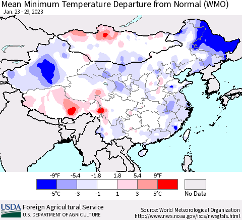 China, Mongolia and Taiwan Mean Minimum Temperature Departure from Normal (WMO) Thematic Map For 1/23/2023 - 1/29/2023